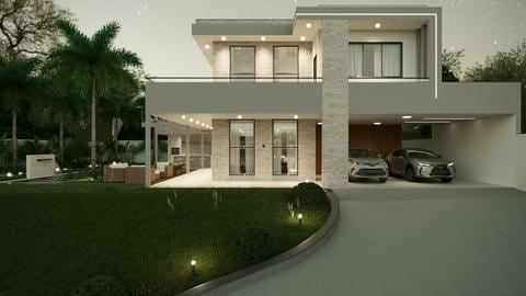 Sobrado moderno 25x40 com 4 suítes, área gourmet lateral e piscina integrada. Design funcional, ambientes amplos e mezanino com home office — conforto e lazer em cada detalhe.