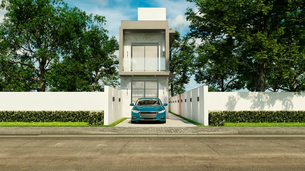 Fachada moderna de sobrado com volumes retos