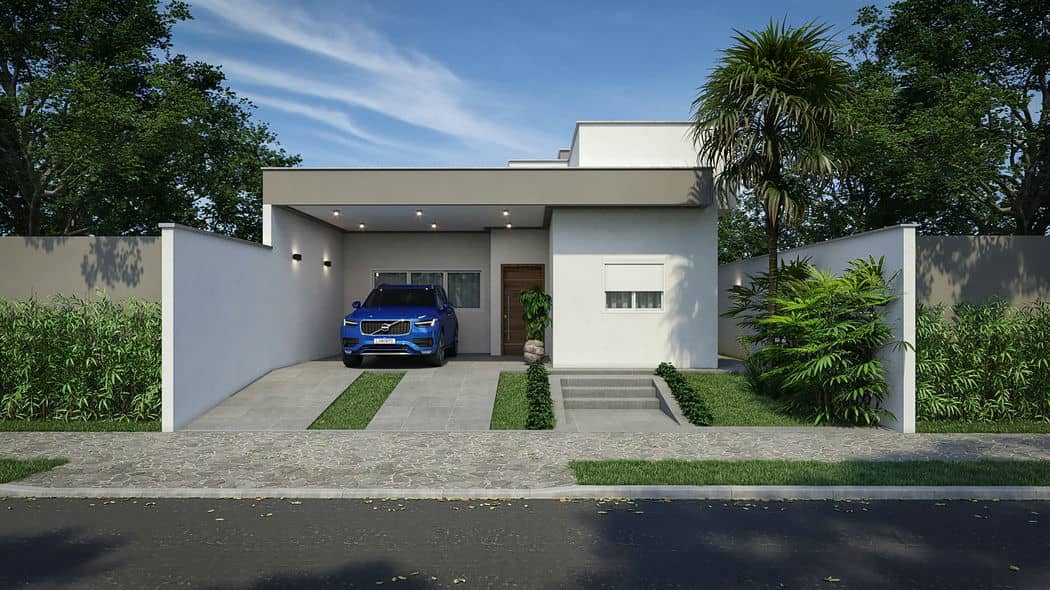 Exterior de uma casa moderna com telhado plano, grandes janelas e uma garagem com um carro azul estacionado. Há um gramado bem cuidado na frente da casa.