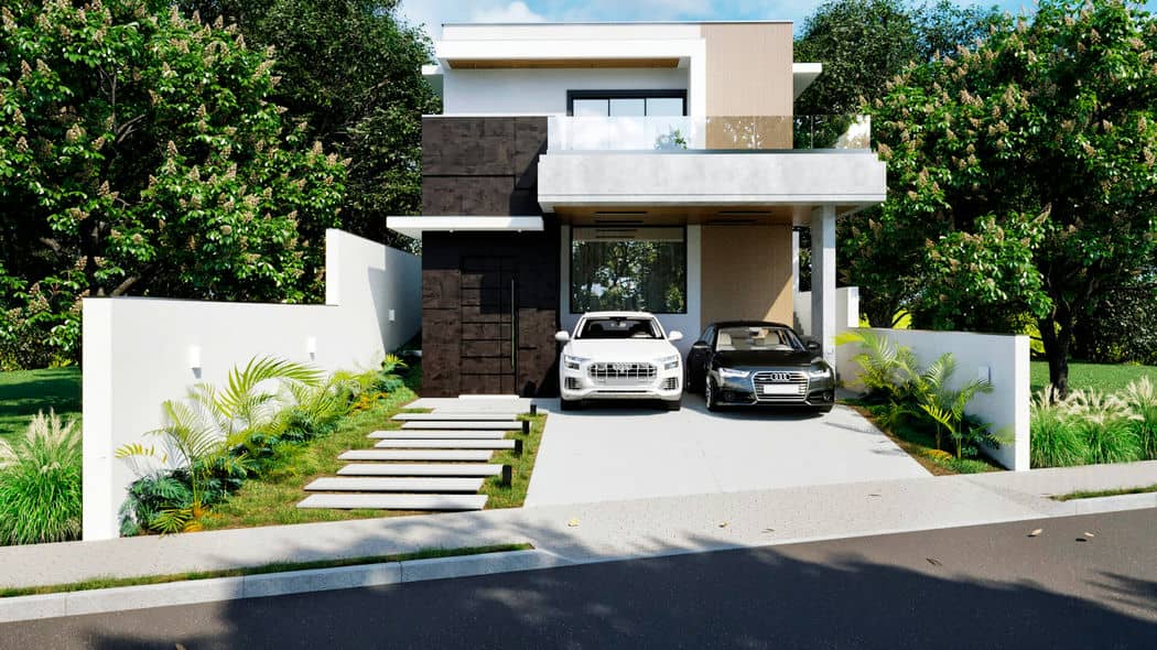 Fachada de uma casa contemporânea de dois andares com exterior branco, grandes janelas e entrada com carro estacionado.