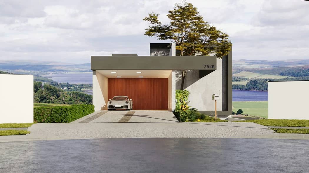 Uma casa moderna com telhado plano, grandes janelas e um nível superior exposto que se projeta sobre a entrada.