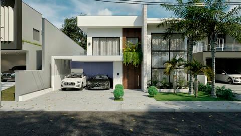 Fachada contemporânea com design moderno, sala integrada à cozinha gourmet e área externa com piscina. Um projeto que une elegância, conforto e conexão visual com o exterior.