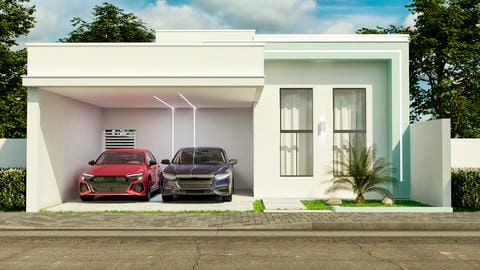 Projeto de casa térrea para terreno 10x25 com área gourmet, piscina e sala de cinema 