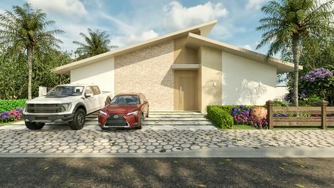 Fachada com linhas modernas e toque natural. Projeto térreo que valoriza amplitude e conforto: sala integrada, cozinha gourmet e espaço externo com hidromassagem para relaxar.