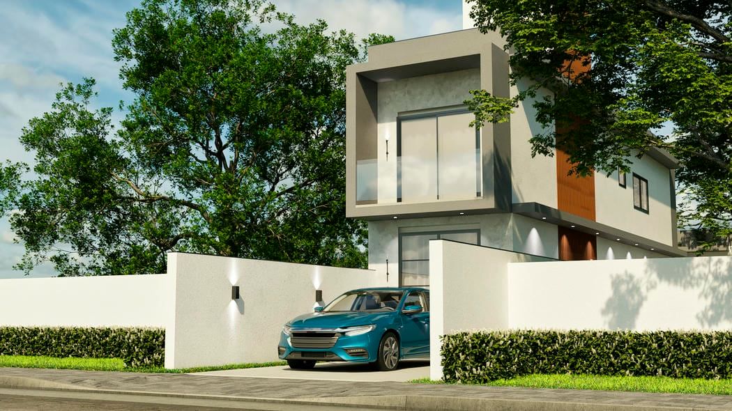 Fachada de sobrado com linhas retas e tons neutros