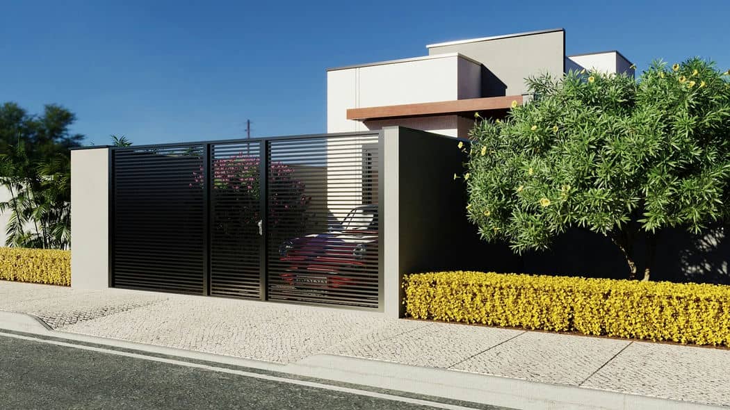 Uma casa moderna com telhado plano, grandes janelas e uma combinação de paredes externas brancas e marrons escuras.