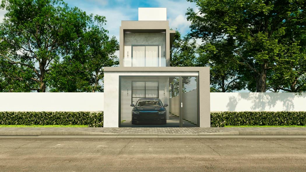 Fachada de sobrado com linhas retas e tons neutros