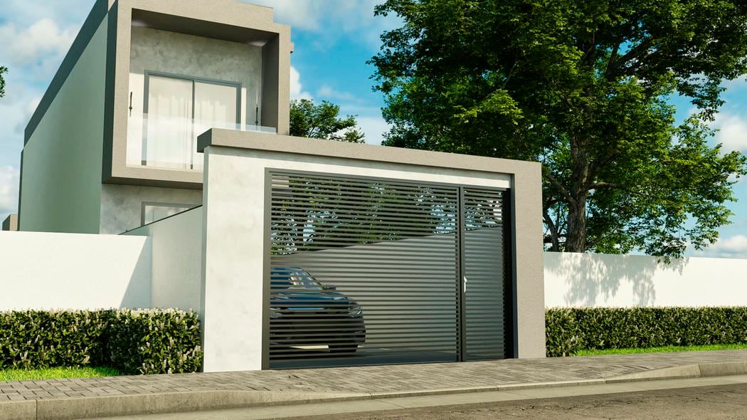 Fachada de sobrado com linhas retas e tons neutros