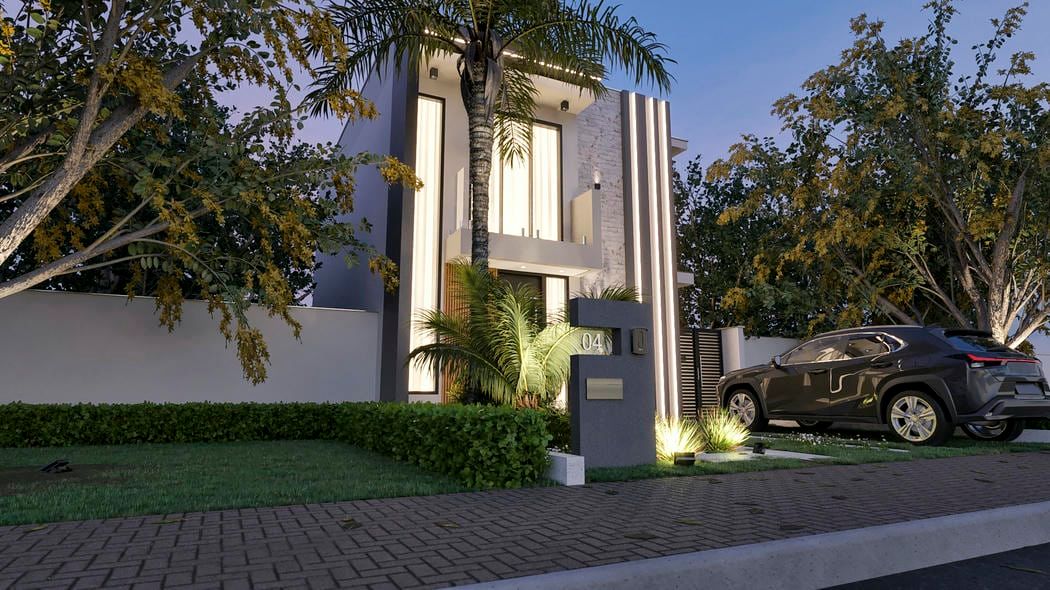 imagem fachada casa sobrado iluminada