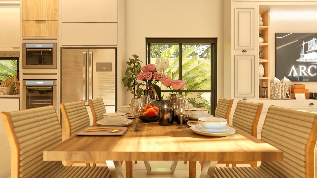 Sala de jantar clássica com móveis de madeira