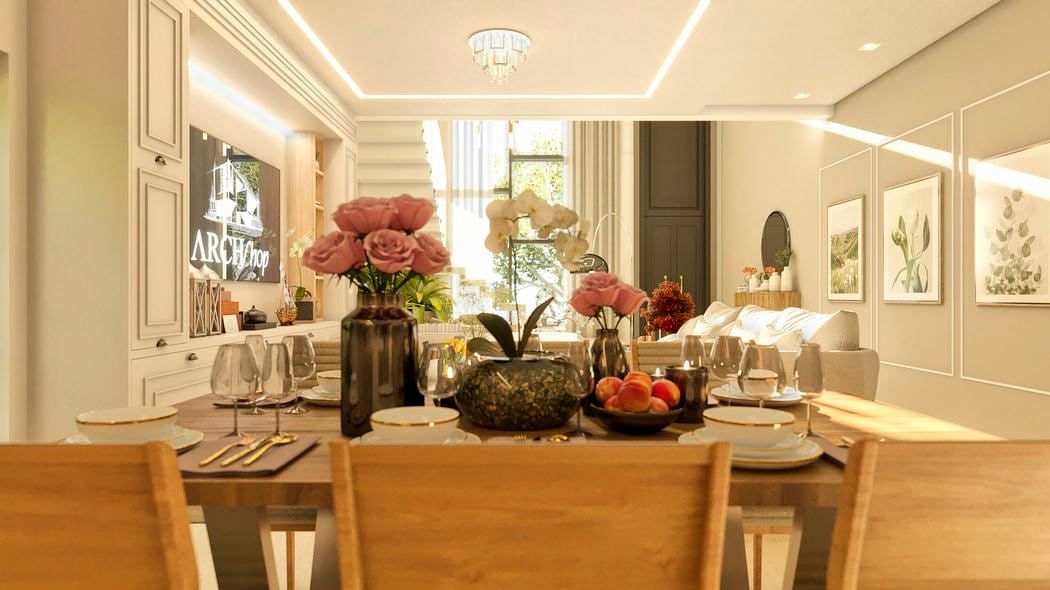 Sala de jantar clássica com móveis de madeira