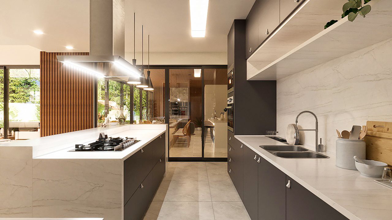 bancada da cozinha com quartzo claro