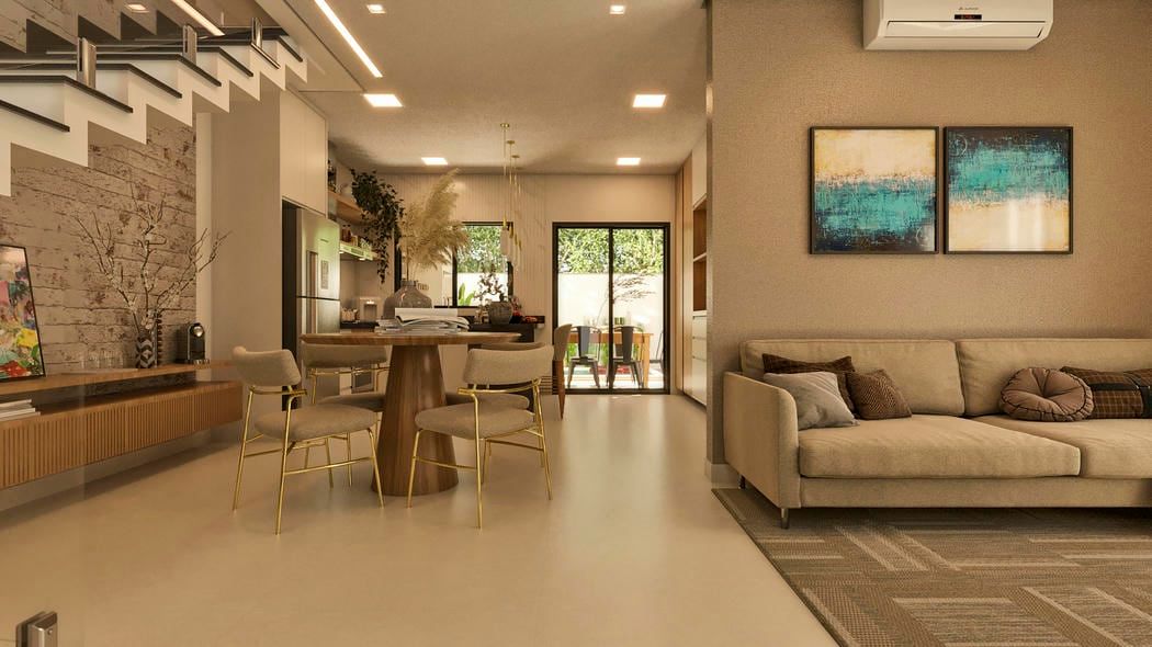 sala de jantar integrada com sala e cozinha