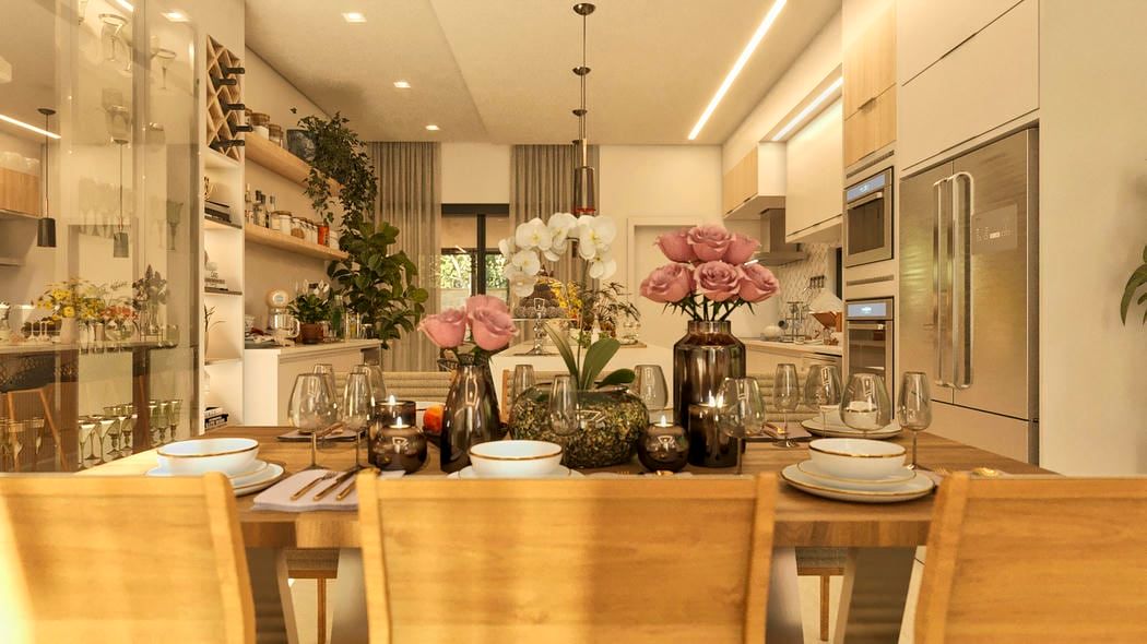 Sala de jantar clássica com móveis de madeira