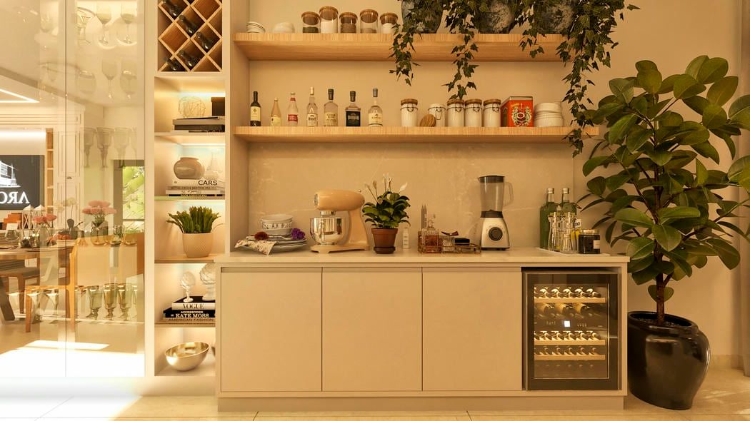 Cozinha com bancada em mármore