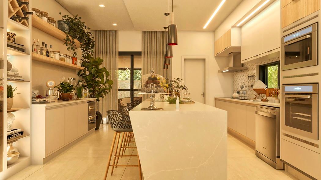 Cozinha com bancada em mármore
