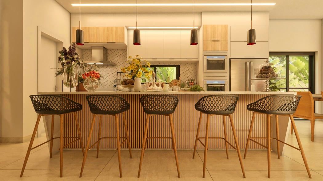 Cozinha com bancada em mármore