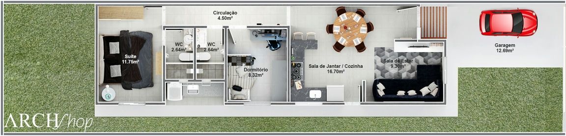 Planta de Casa Com 68 m² e ambientes integrados