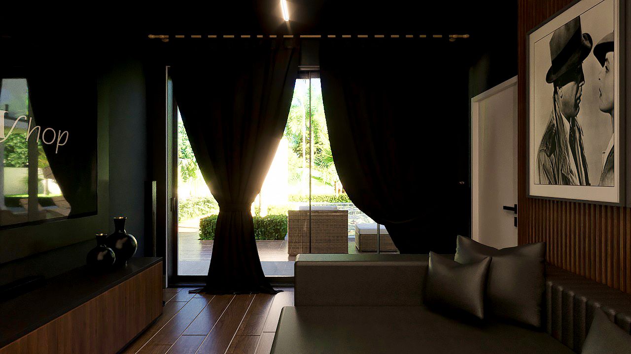 sala de tv com paredes escuras