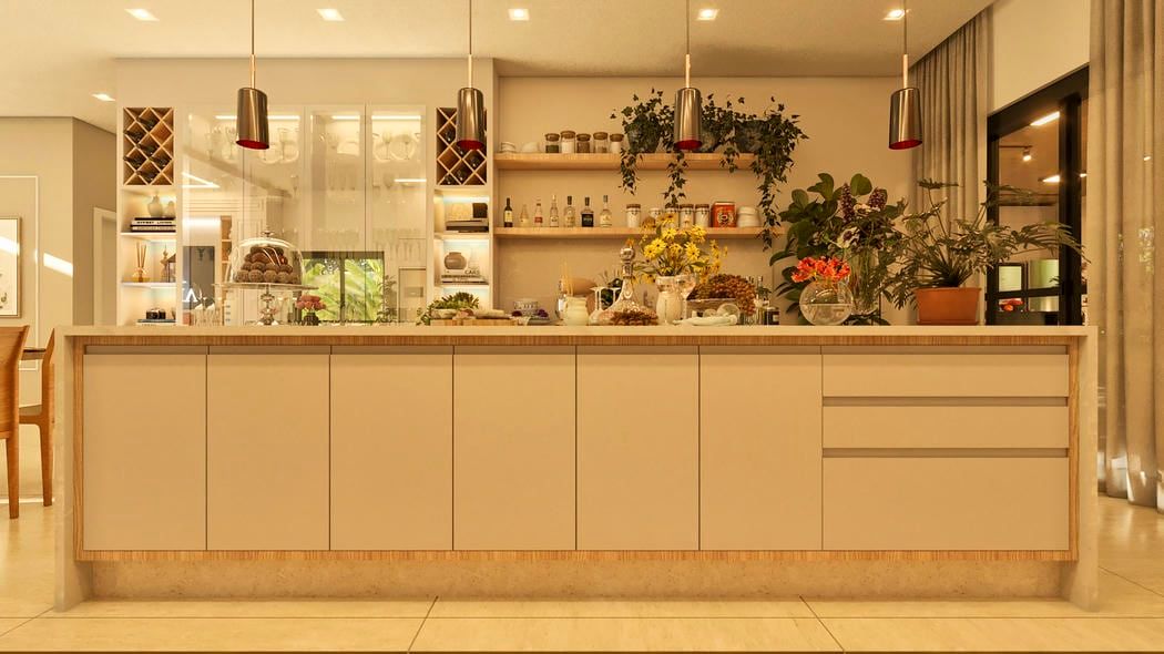 Cozinha com bancada em mármore