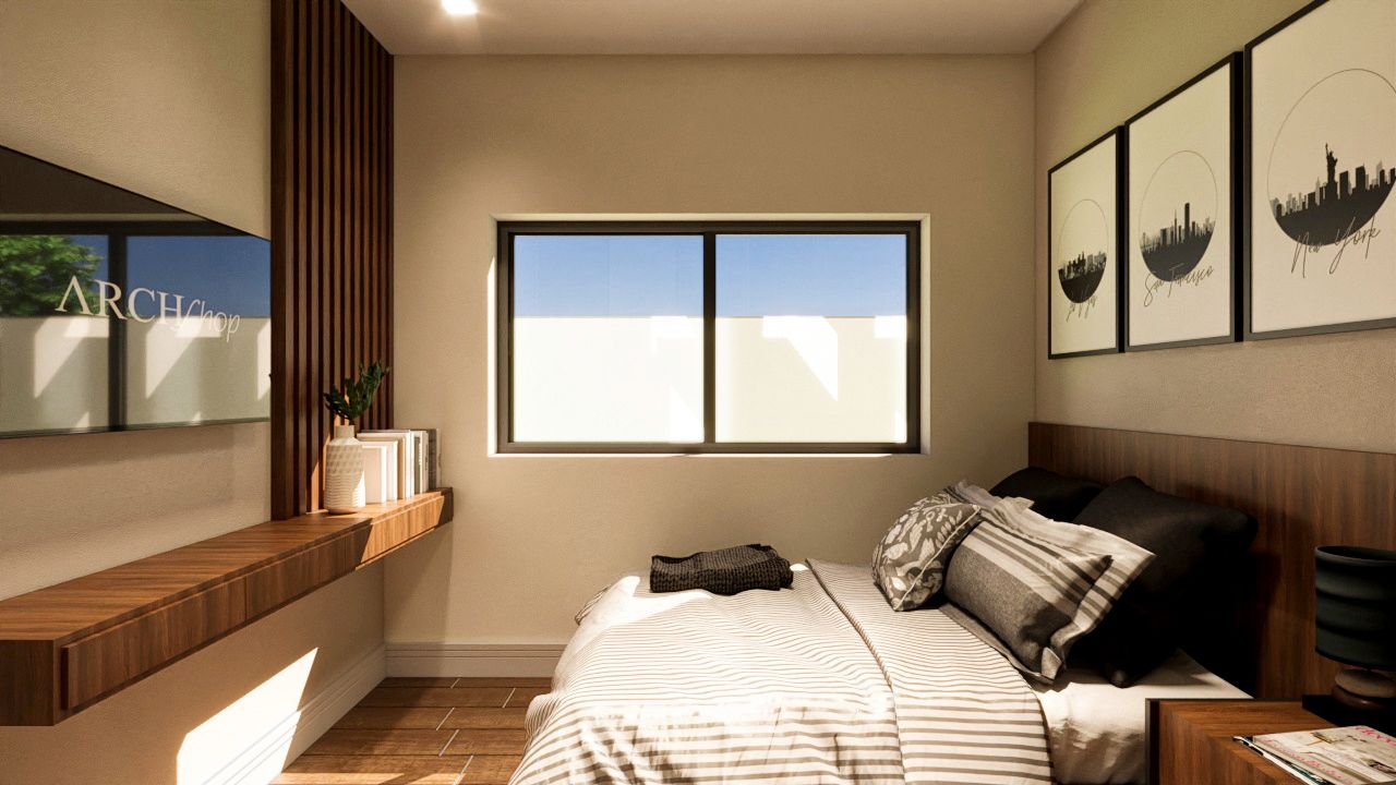 quarto com cabeceira e painel em mdf