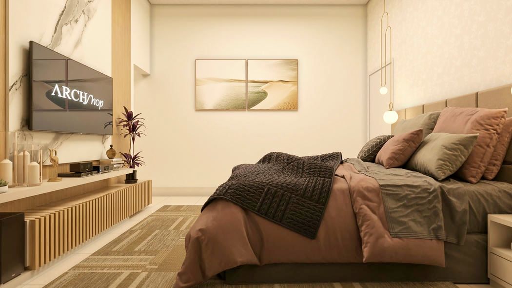 imagem de suíte casal com painel de tv