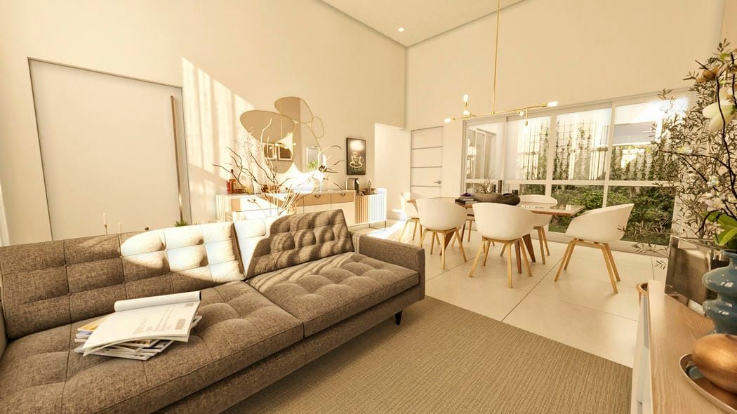 Sala de estar e jantar com pé direito alto