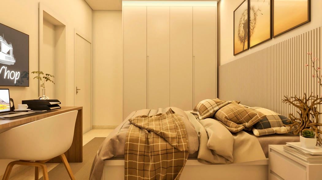 Dormitório clássico com tons neutros