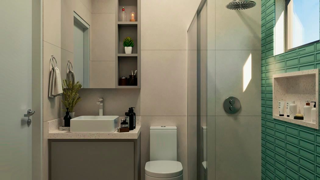 Banheiro da suíte com acabamentos neutros