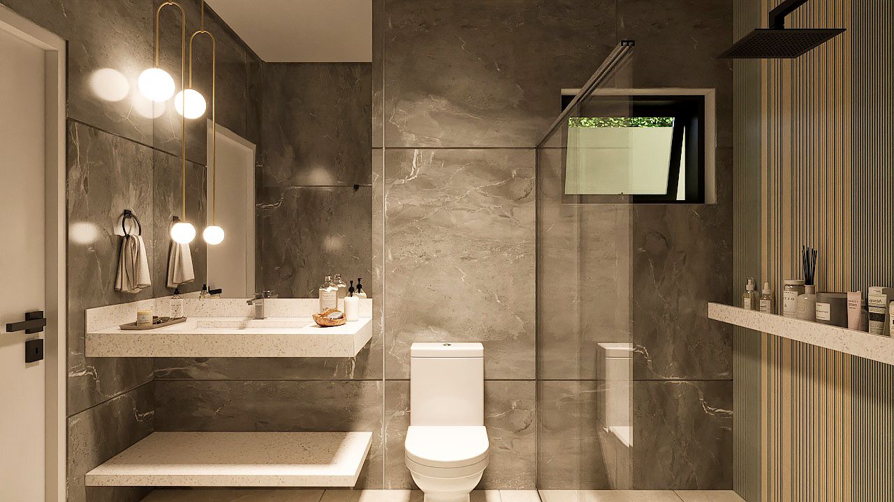 banheiro com porcelanato cinza marmorizado