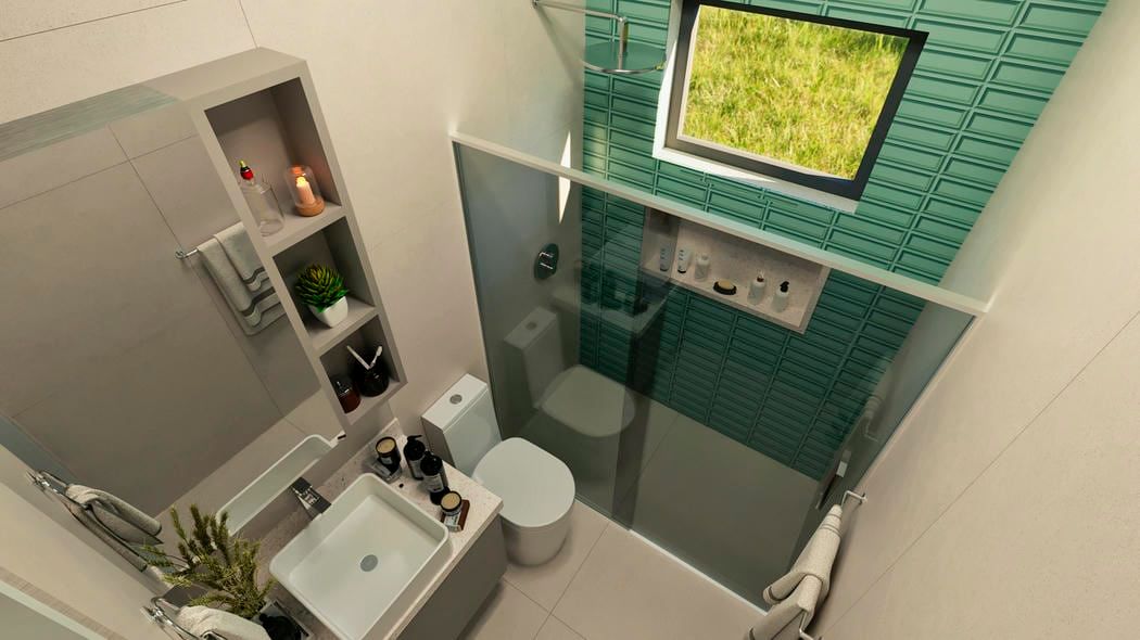 Banheiro da suíte com acabamentos neutros