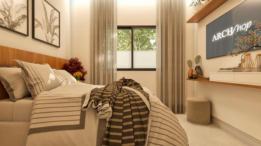 quarto com cama de casal e painel de tv