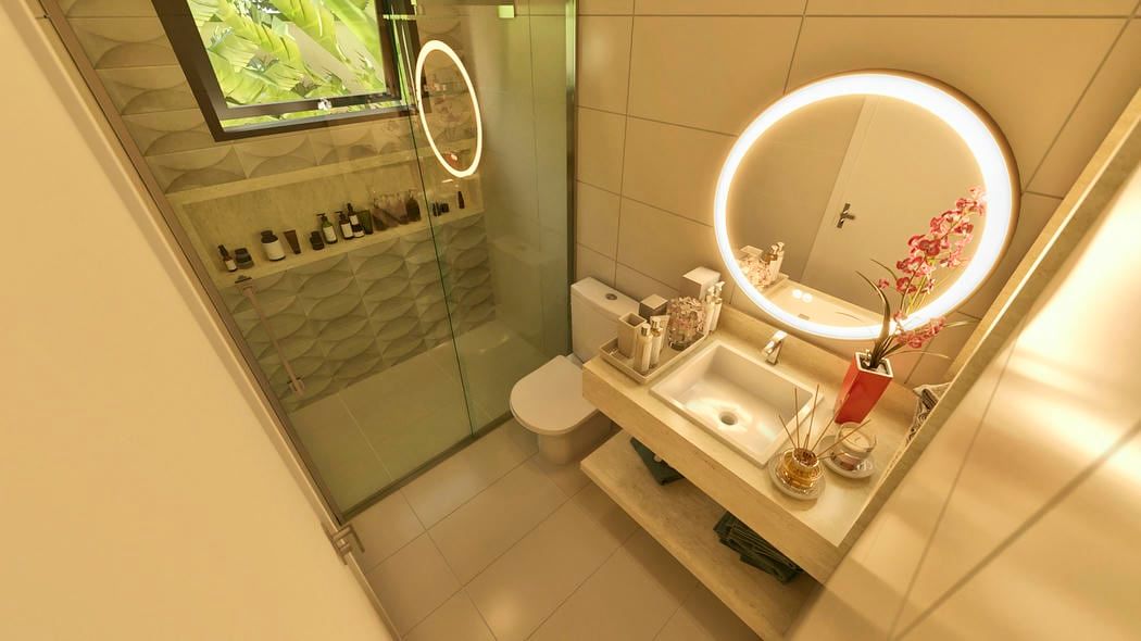 Banheiro em tons neutros com revestimento claro