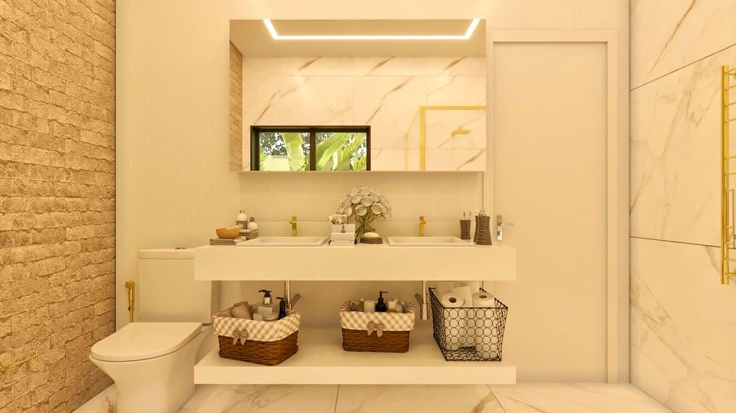 Banheiro marmorizado em tons claros