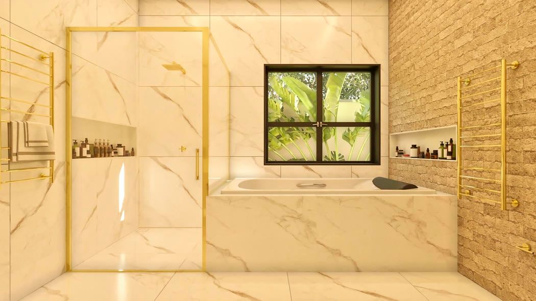 Banheiro marmorizado em tons claros