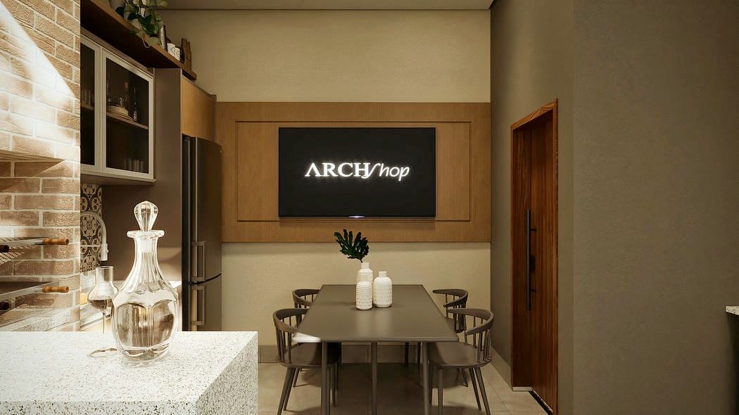 Área gourmet com bancada e churrasqueira