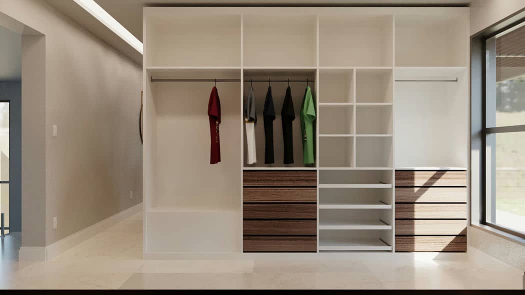 Outra seção do mesmo closet moderno, com prateleiras exibindo roupas dobradas e mais sapatos. O design é elegante e minimalista.