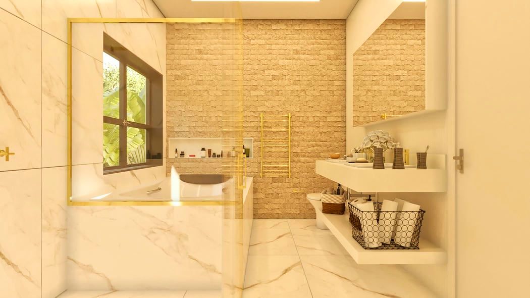 Banheiro marmorizado em tons claros