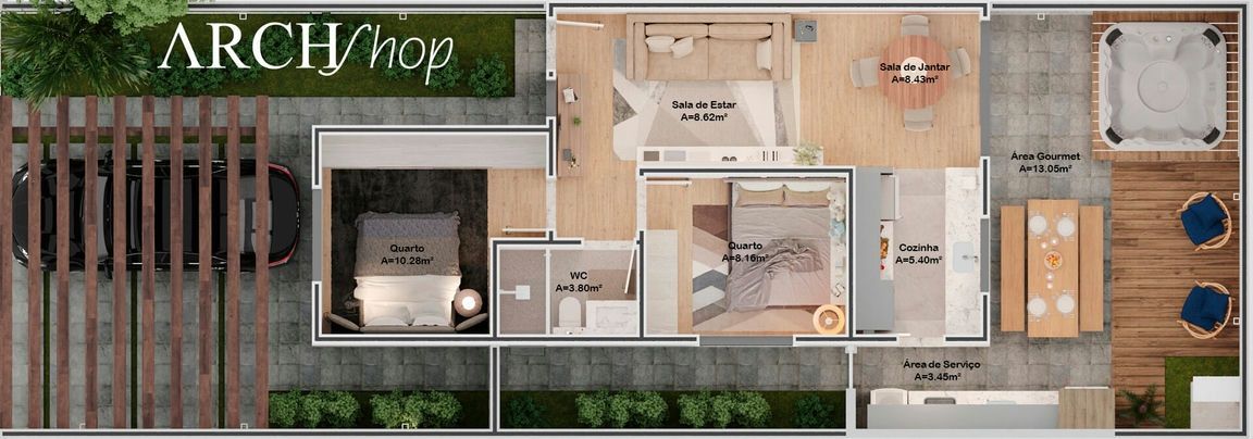 Projeto de Casa Com 70 m² de área com Conceito Aberto e Área Gourmet