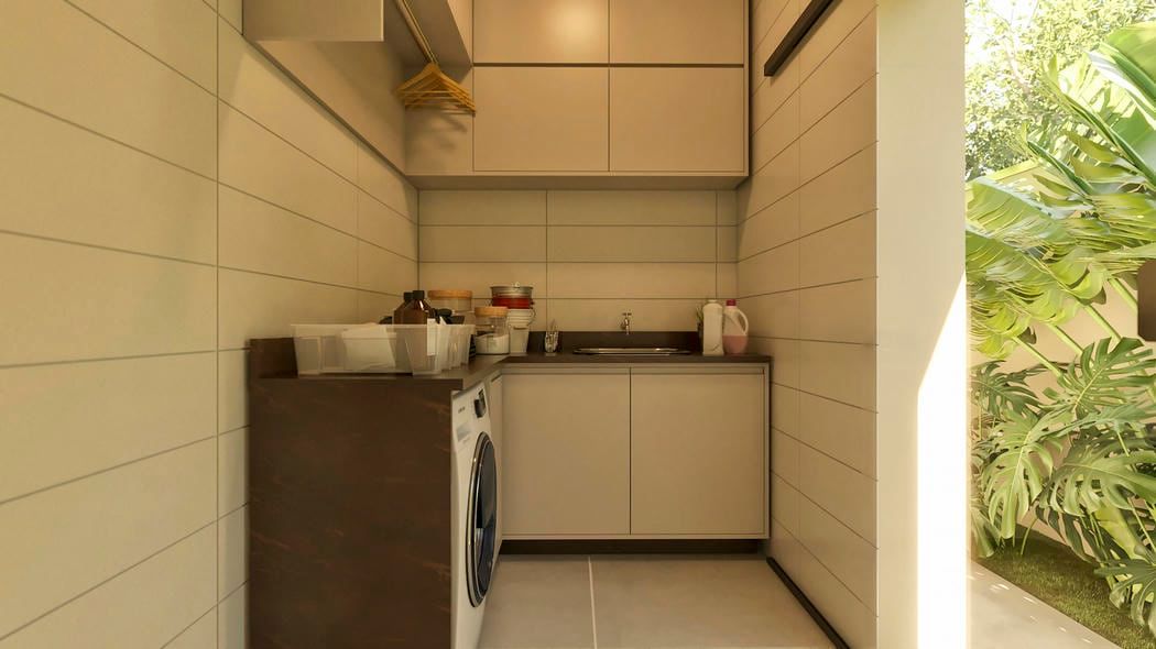Lavanderia com marcenaria em tons neutros