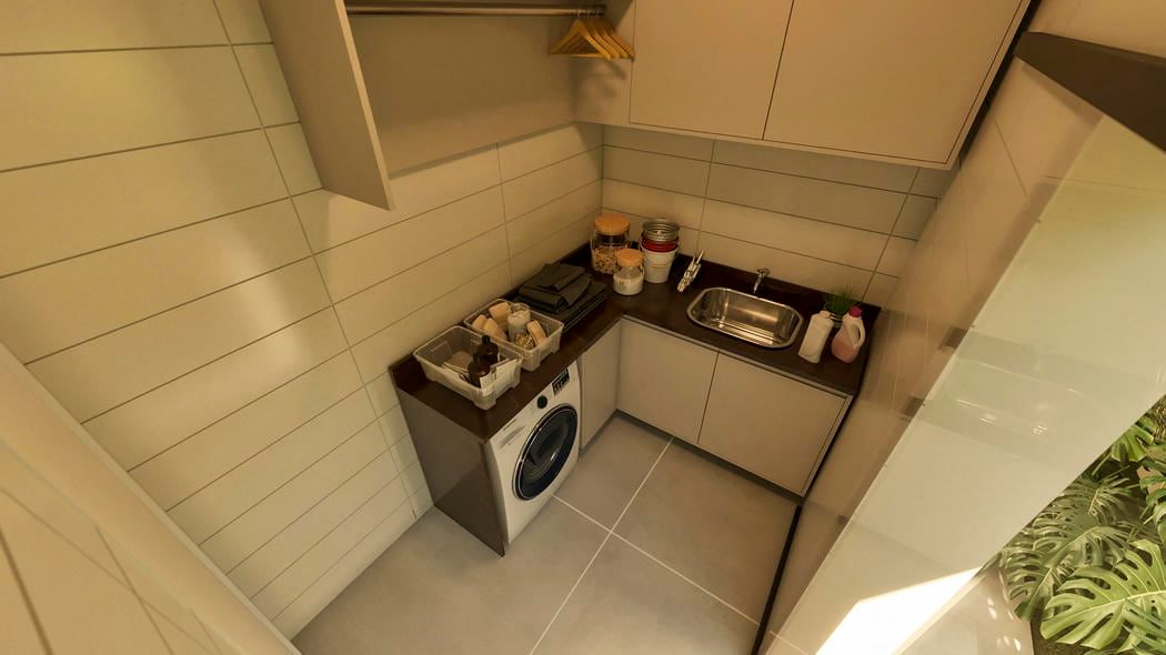 Lavanderia com marcenaria em tons neutros