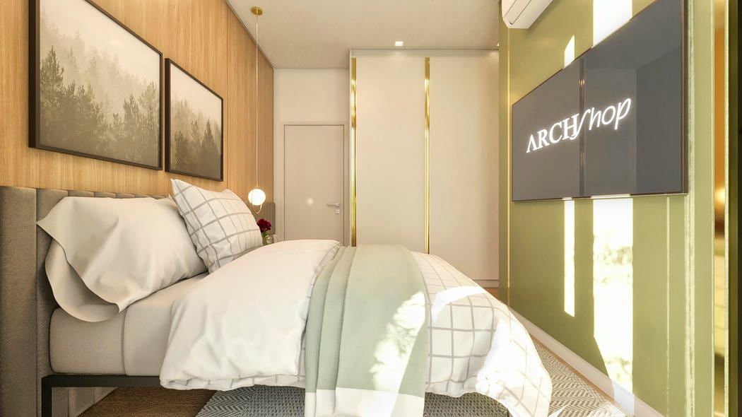 projeto de suite com painel amadeirado