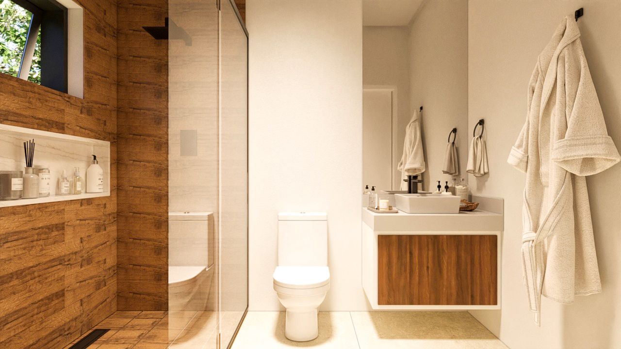 banheiro com revestimento aadeirado