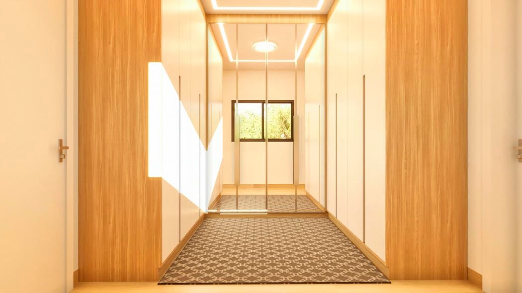 Closet planejado com acabamento em madeira clara