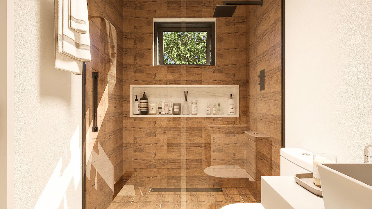 banheiro com box porcelanato madeira