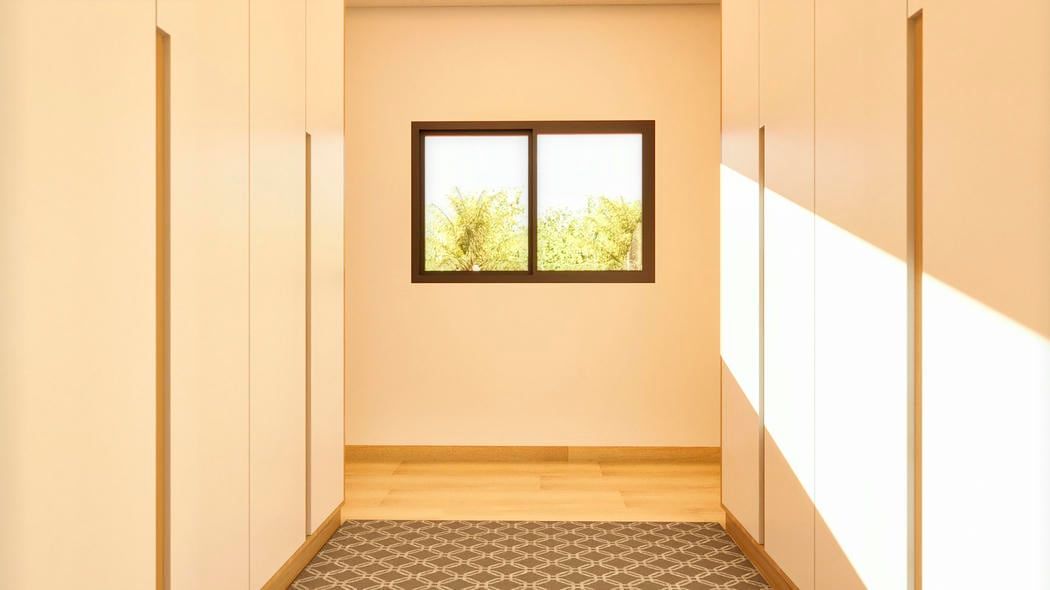 Closet planejado com acabamento em madeira clara