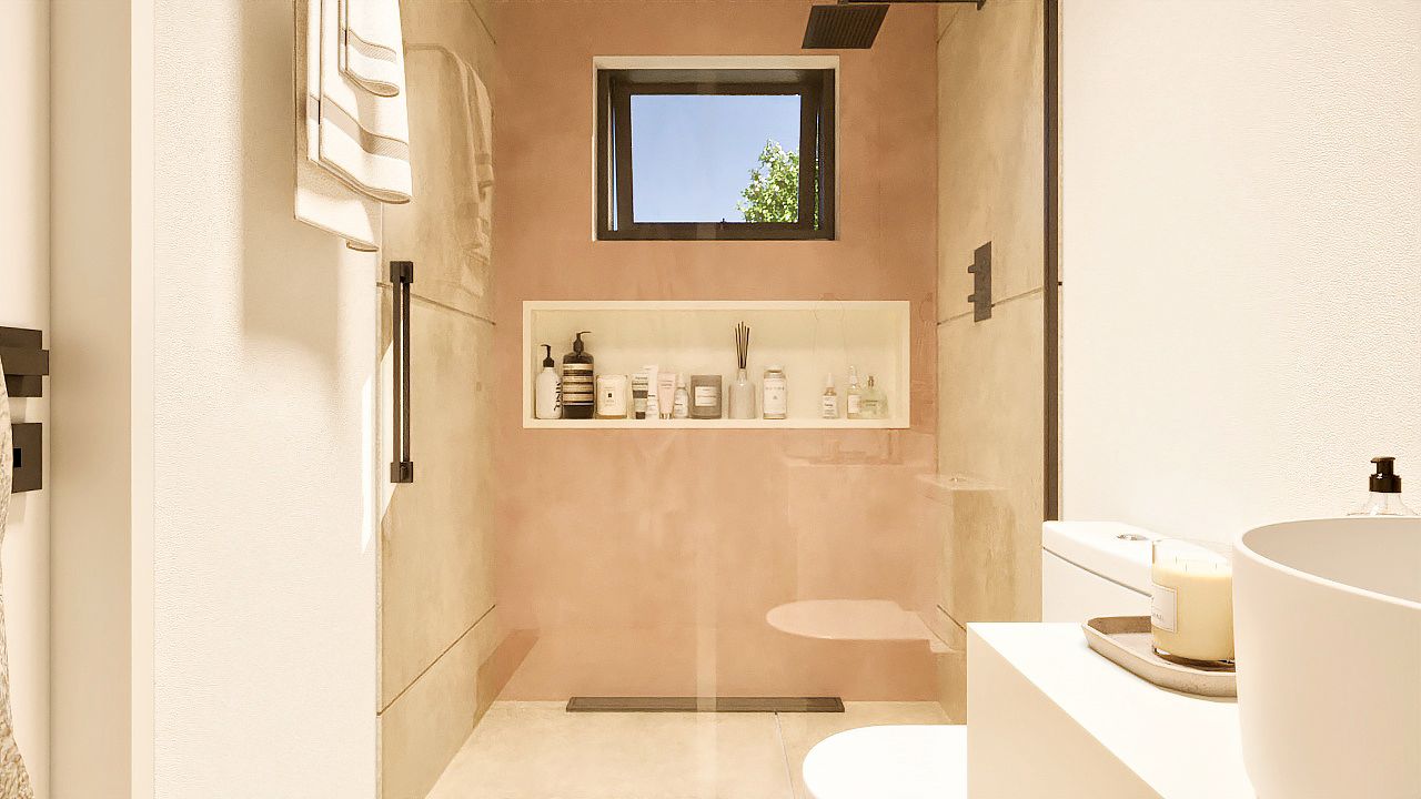 banheiro com nicho para shampoo