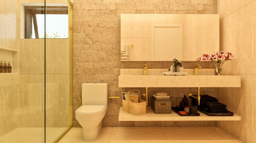 Banheiro com mármore e pedra natural combinados