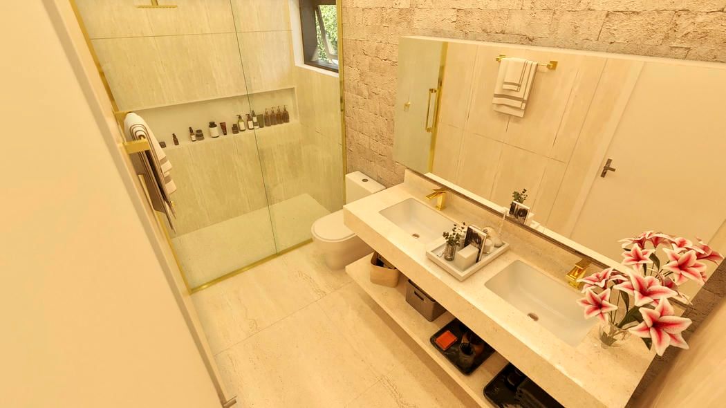 Banheiro com mármore e pedra natural combinados