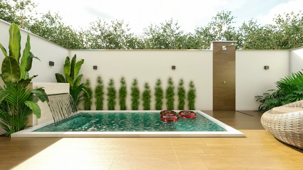 casa com piscina moderna e cascata